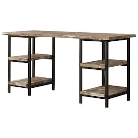 Modern Rustic Writing Desk with Metal Frame and Distressed Finish Top & Shelves